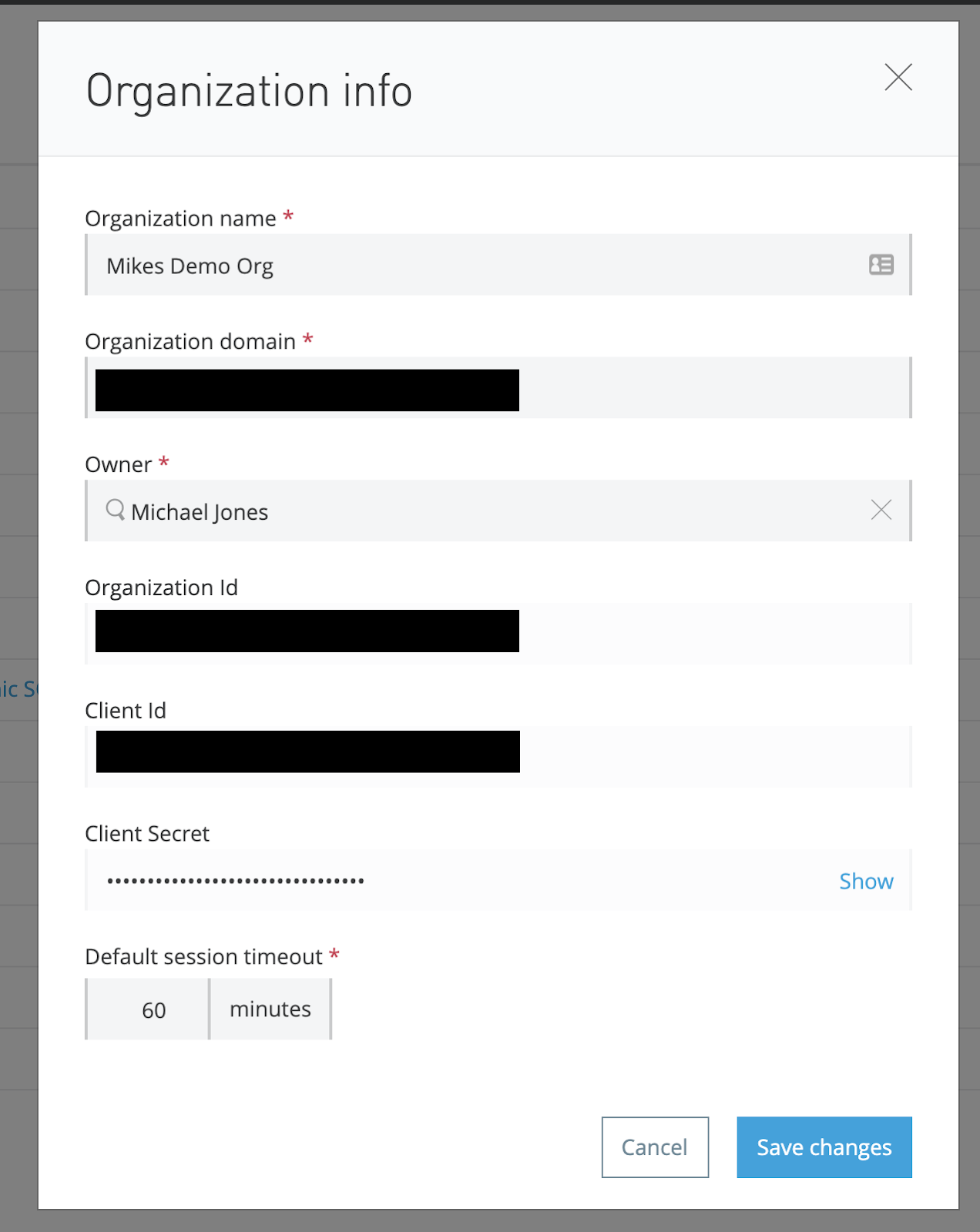 Screenshot of org info