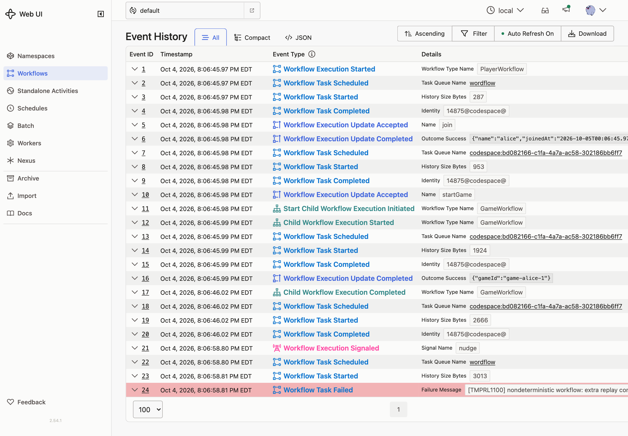 A failed Workflow Task with a nondeterminism error