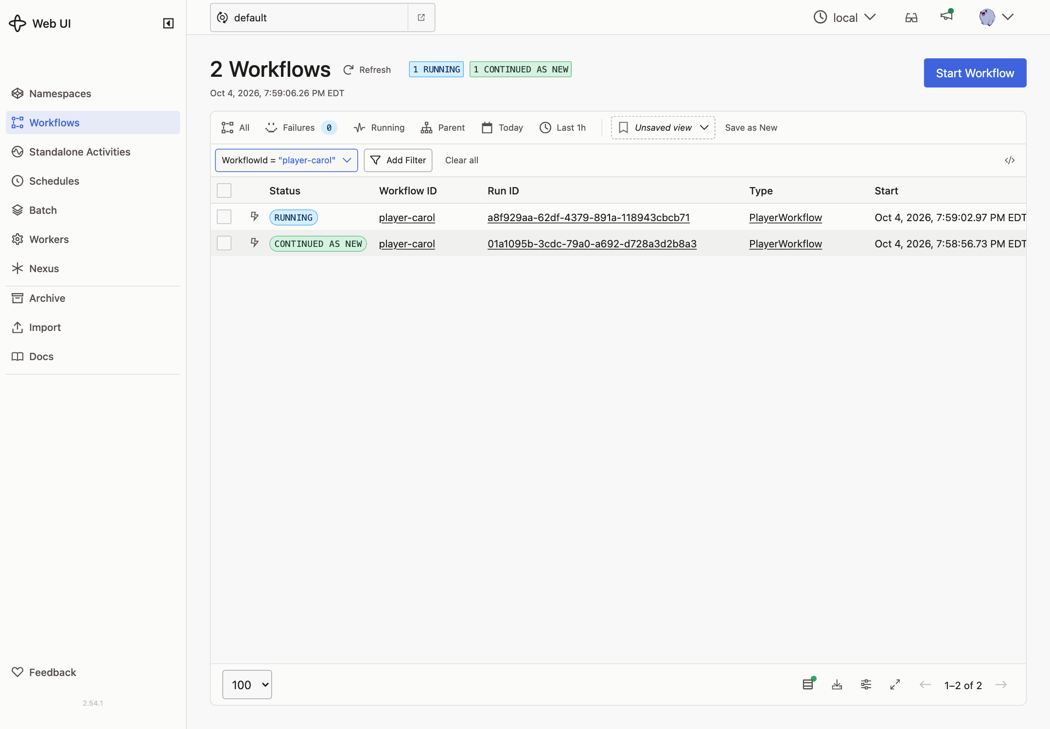 Runs of a player Workflow, continued as new
