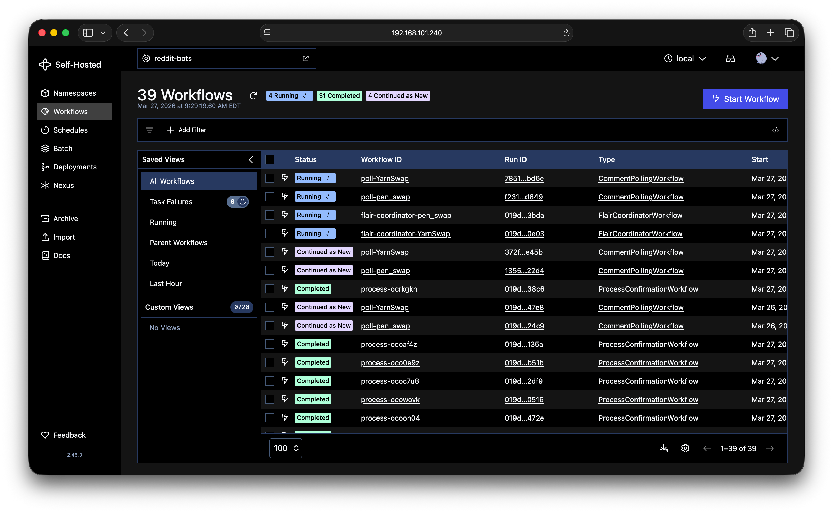 Temporal UI showing running workflows